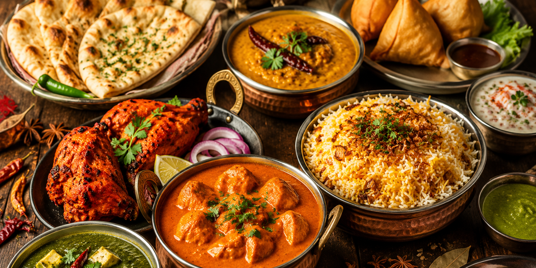A Royal Indian spread with curries, biryani, naan and tandoori dishes
